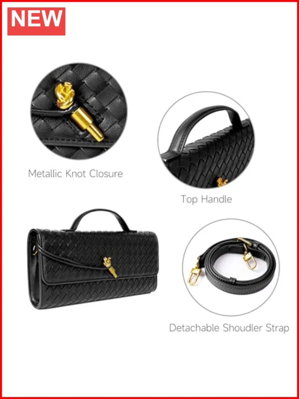 Woven Vegan Leather Evening Clutch Crossbody Bag with Detachable Strap